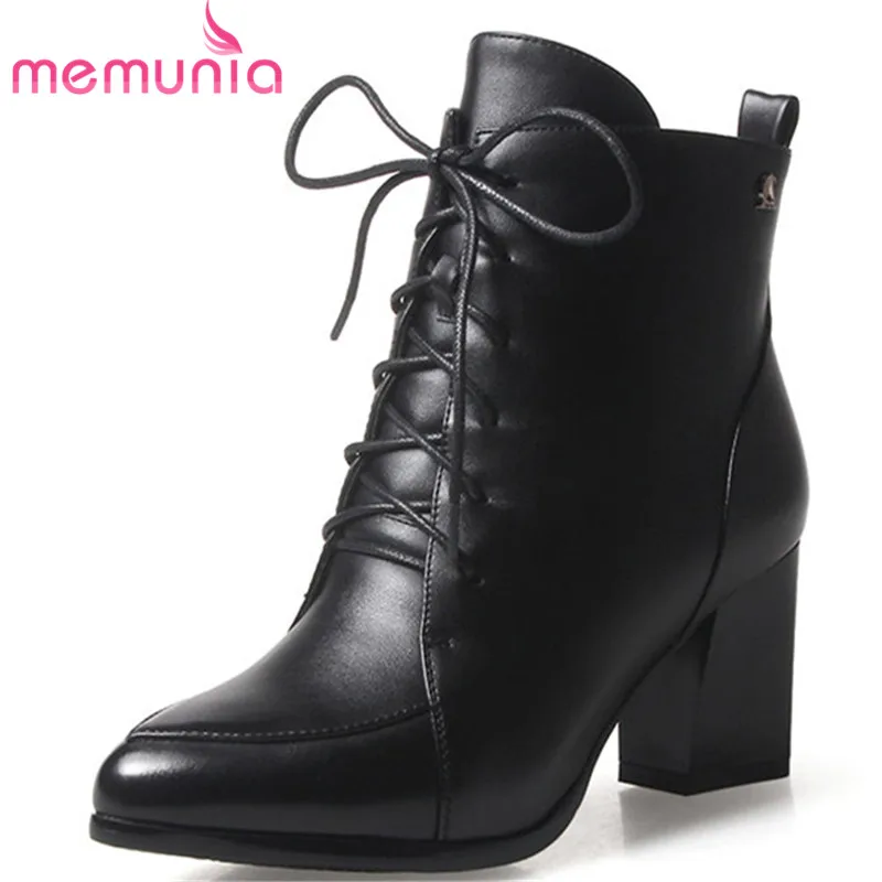 

MEMUNIA women boots big size 33-43 casual lace up fashion boots simple pointed toe thick heels 2020 new ankle boots