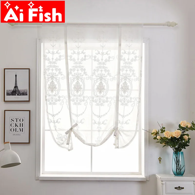 

Window Treatment for Small Windows Short Tulle Panels Curtain For Balcony Room White Embroidery Kitchen Curtain Roman A36 -40
