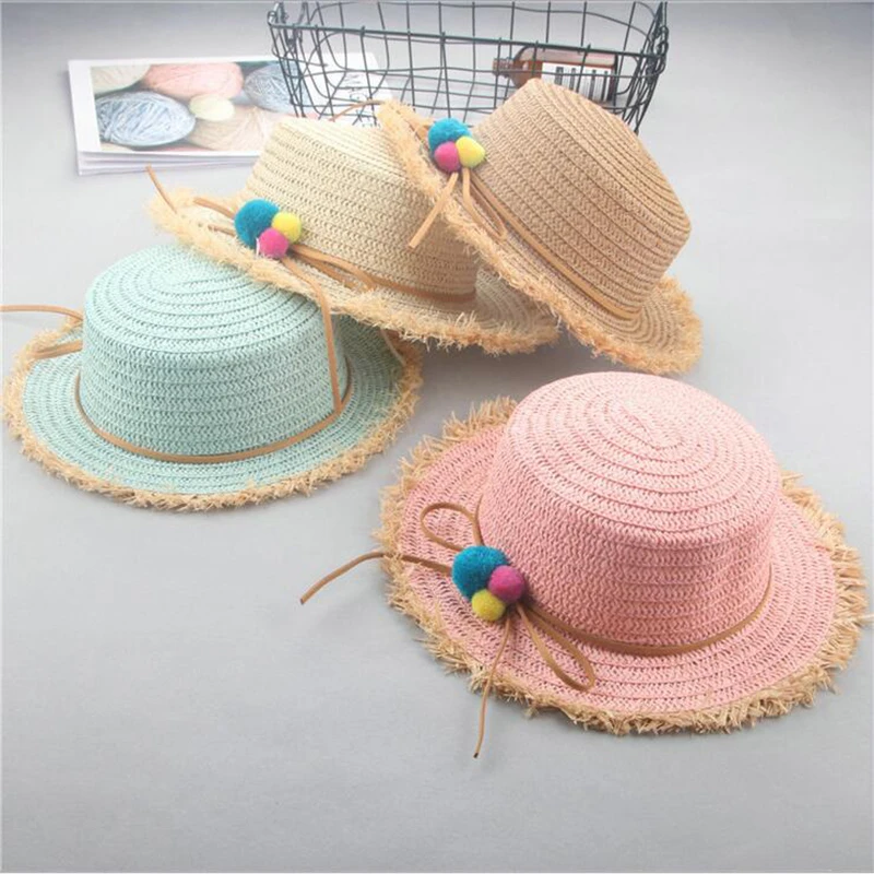 SUOGRY 2019 جديد الصيف الكرة ظلة قبعة الفتيات قبعة صيفية من القش الشباب القبعات ل الطفل الشمس شاطئ قبعات الترفيه القبعات