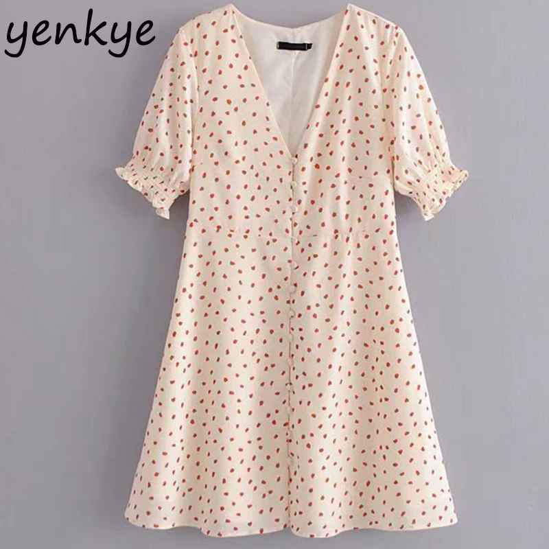 

Summer Dress Women Sweet Strawberry Printed Dress Lady V Neck Short Sleeve Front Button A-line Mini Dress OMZZ6717