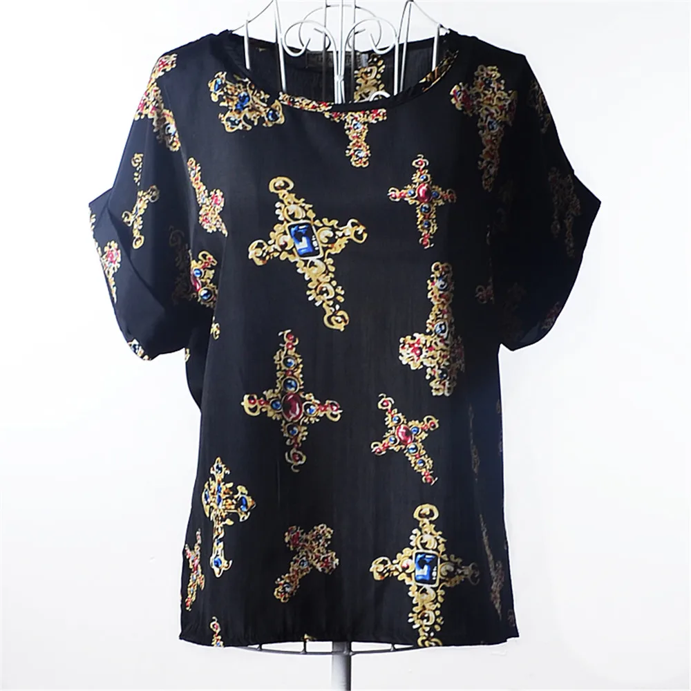 Summer Stars Blouse Women Sunflower Bird Chiffon Print Blouse Stripe Plaid Shirt Cross Love Blouse Short Sleeve Lipstick Shirts (35)