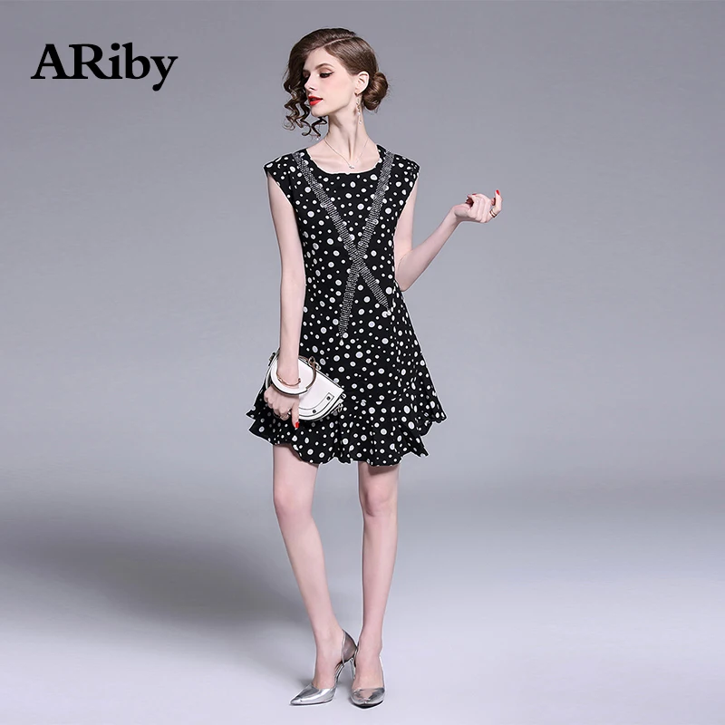 Women Dress 2019 Summer New Fashion Office Lady Temperament Dot Chiffon Diamond Pearl Cross Slim Sleeveless Mini A-Line Dresses Women Dress 2019 Summer New Fashion Office Lady Temperament Dot Chiffon Diamond Pearl Cross Slim Sleeveless Mini A-Line Dresses