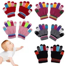 1 пара Детские перчатки полный палец зимний теплый детский Цвет Фул в полоску вязаный однотонный перчатка с несколькими Цвет эластичный варежки