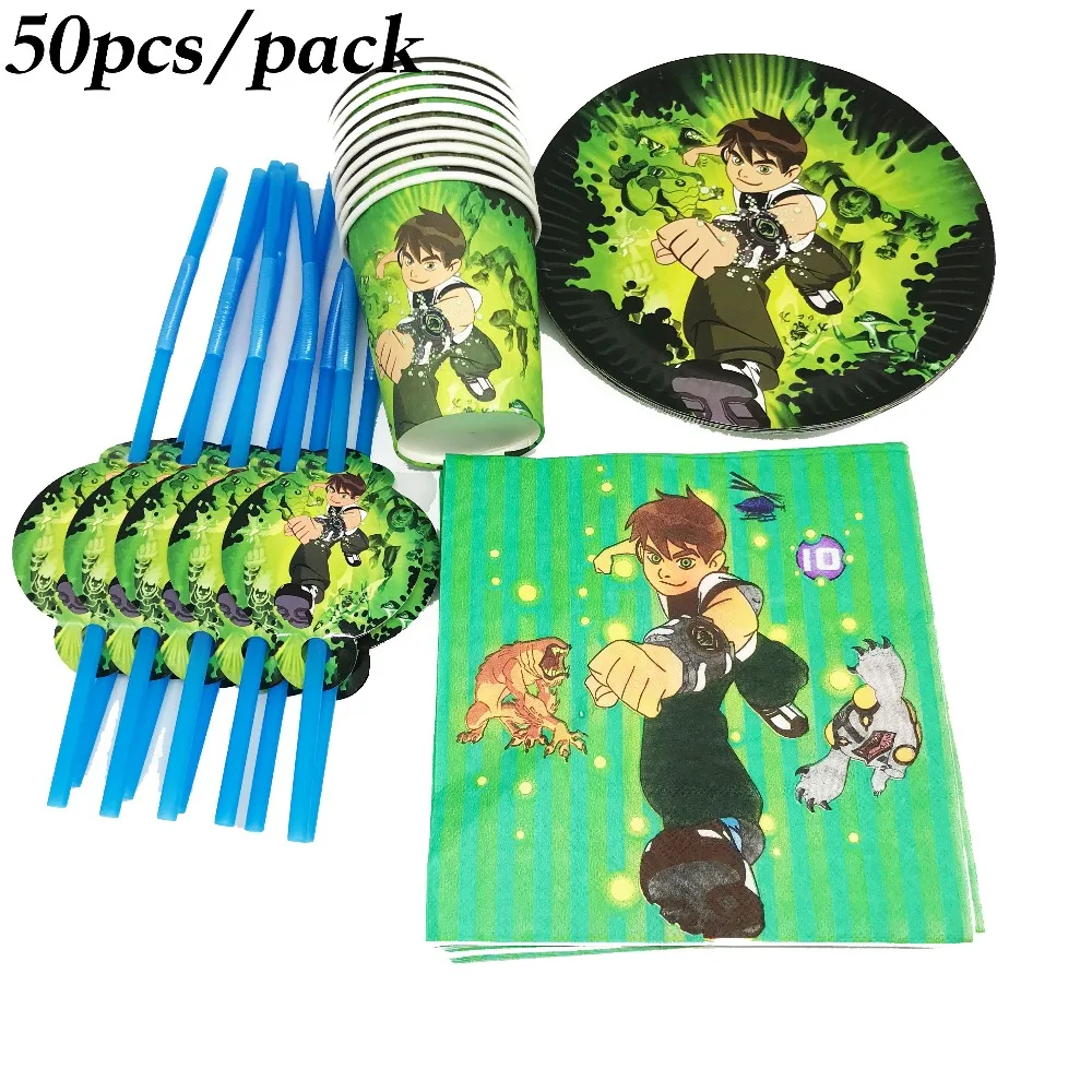 

50pcs Ben 10 theme disposable paper plates cups straws Ben 10 theme party favors Ben 10 birthday party decorations
