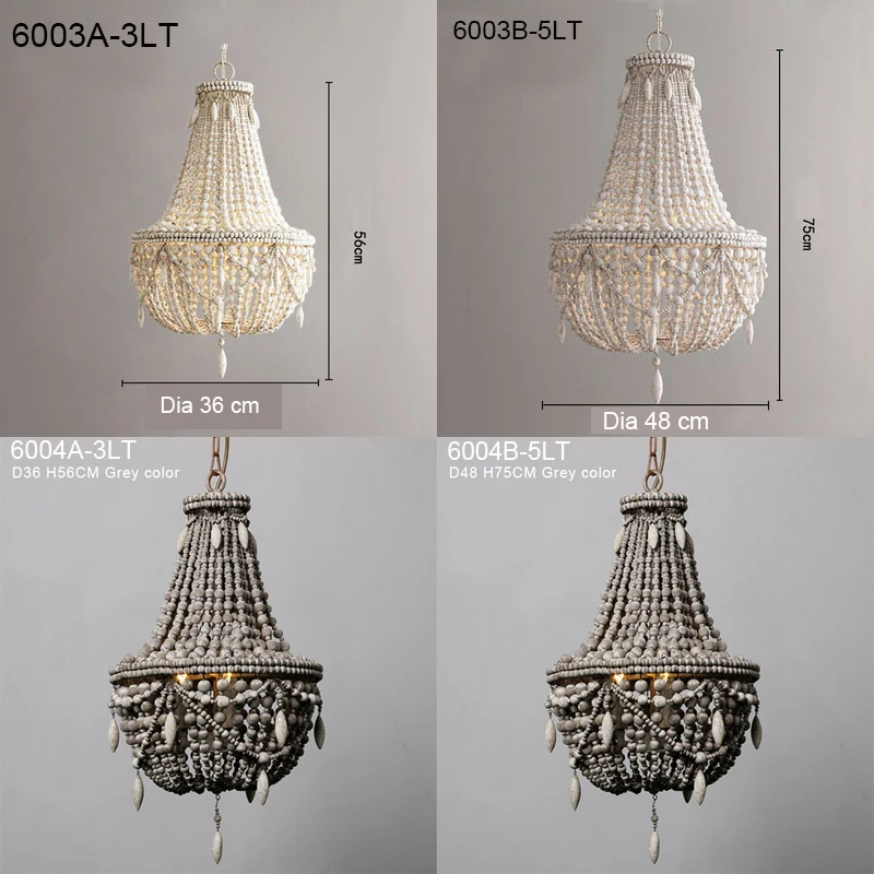 French Country White Wood Bead Chandelier Dining Room