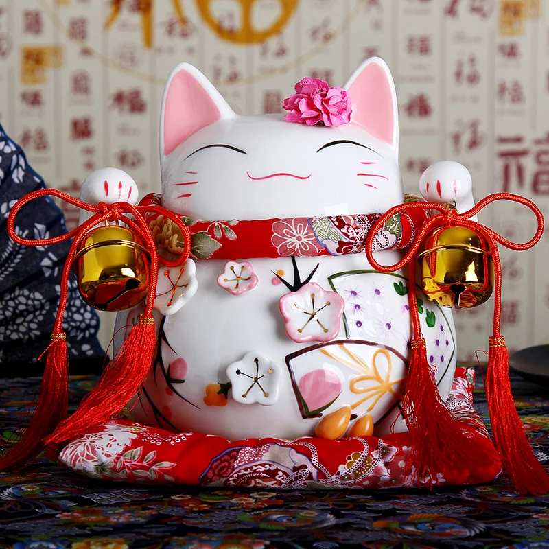 8 дюймов керамика Maneki Neko орнамент розовый белый lute дизайн Lucky Cat Копилка фигурка домашний декор Фортуна кошка с колокольчиком