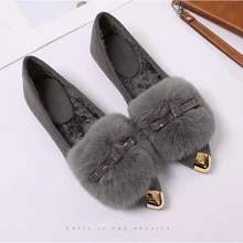 Большие размеры 34-43, плюш, большой размеры женская обувь на плоской подошве с натуральным кроличьим мехом; зимняя обувь на меху; обувь с металлическим носком балетки с бантиком, женские теплые плюшевые Мокасины c156