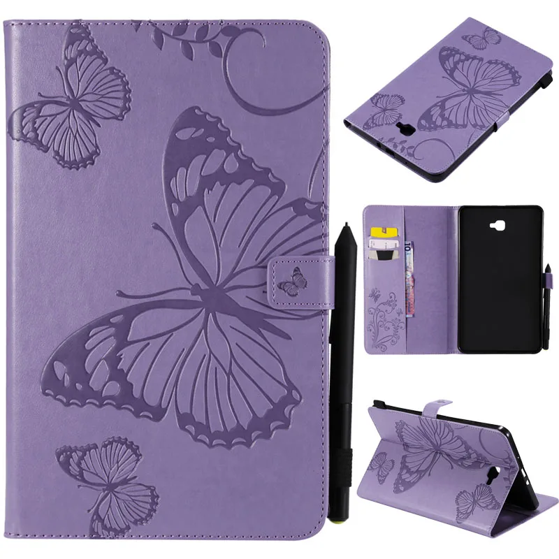 

3D Butterfly Embossed Tablet Stand Case For Galaxy Tab A6 10.1 2016 SM-T580 T585 Magnetic Flip PU Leather Cover Sleeve + Stylus