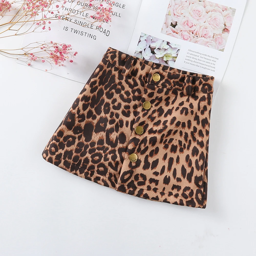 Детская юбка трапециевидная мини-юбка с высокой талией Новинка лета года, кожаная леопардовая юбка с карманами на одной пуговице для маленьких девочек