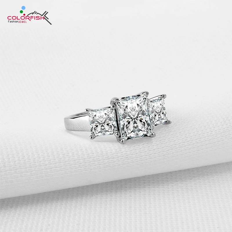 

COLORIFSH Square Three Stone Solid 925 Sterling Silver Ring Luxury 1.5 Carat Women Big Sona Engagement Wedding Rings Female Gift