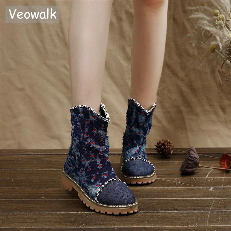 Veowalk Women Distressed Denim Blue Ankle Boots Camouflage Canvas Slip On Ladies Short Flat Booties Woman Comfort Jeans Shoes Veowalk Women Distressed Denim Blue Ankle Boots Camouflage Canvas Slip On Ladies Short Flat Booties Woman Comfort Jeans Shoes