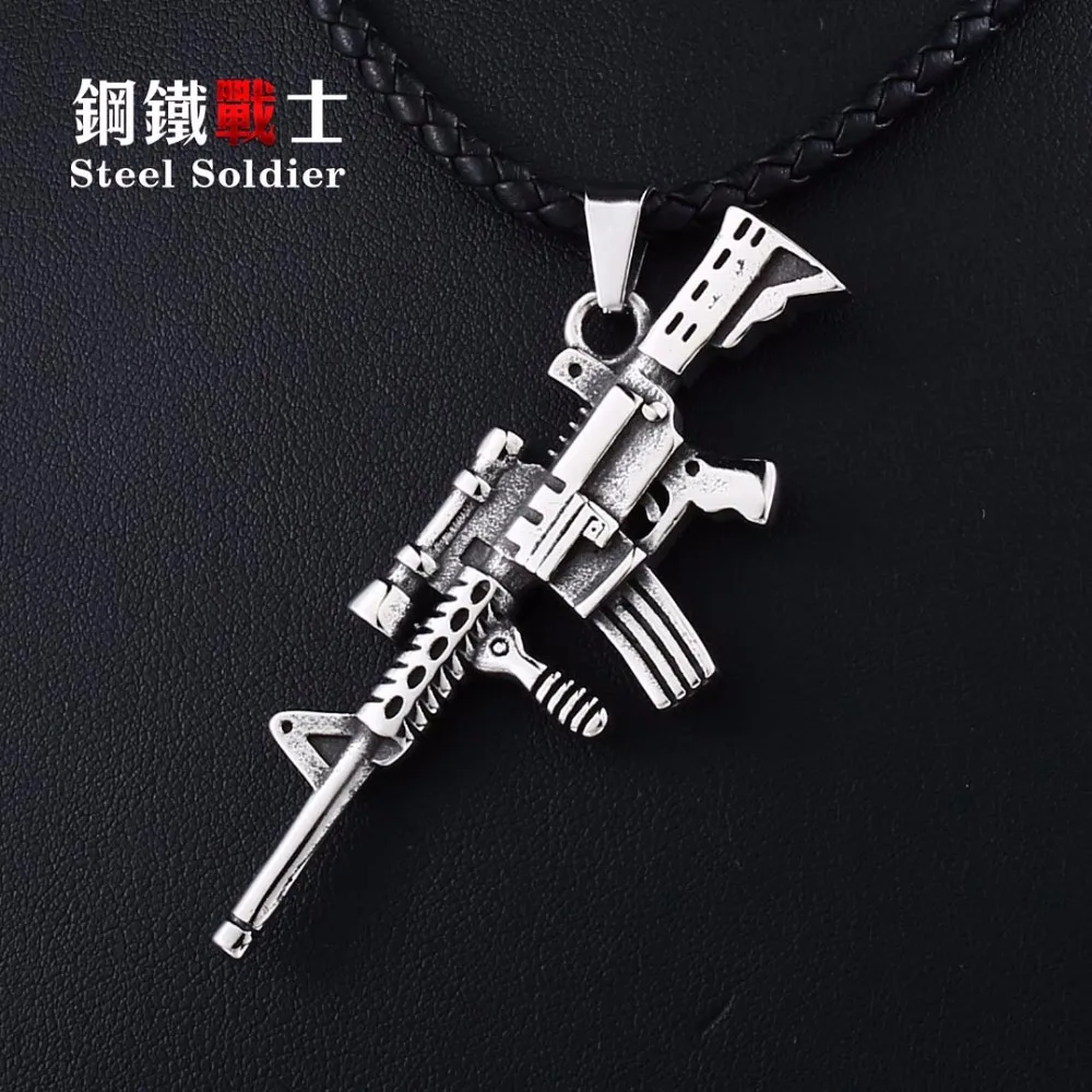Steel soldier unisex mens machine gun shape pendant necklace stainless