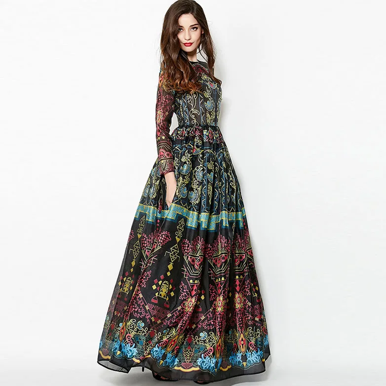 

New Arrival 2019 Women's O Neck Long Sleeves Vintage Printed Elegant Runway Dresses