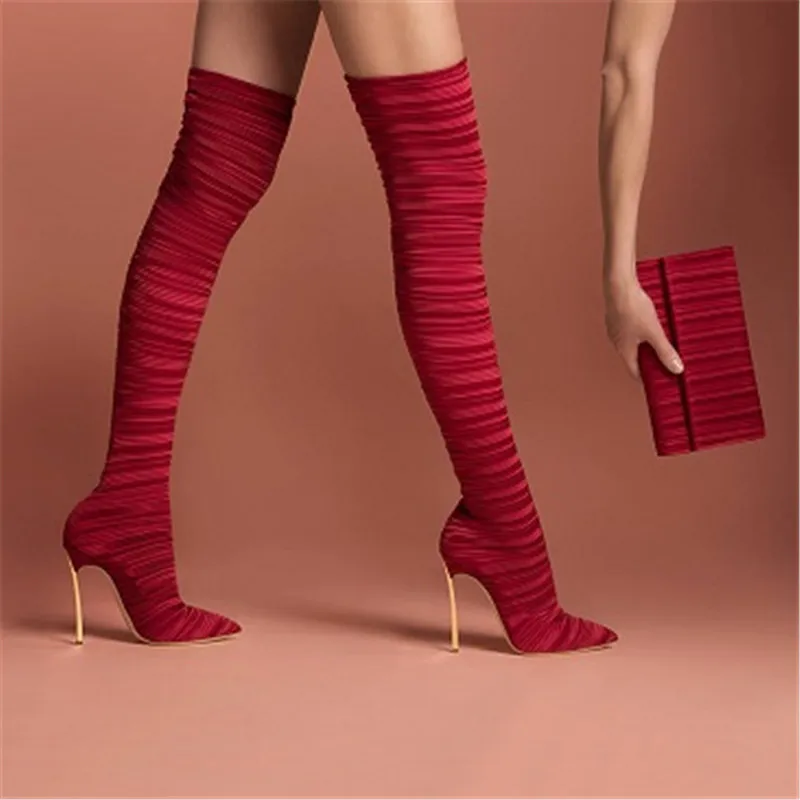 Женские сапоги из эластичной ткани с острым носком; теплые удобные сапоги до бедра в римском стиле; цвет черный, шампанского, красный; MAZIAO
