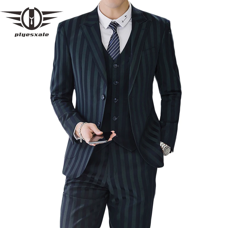 Plyesxale темно зеленые полосатые костюмы Для мужчин костюм Homme Mariage 3 предмета Terno для