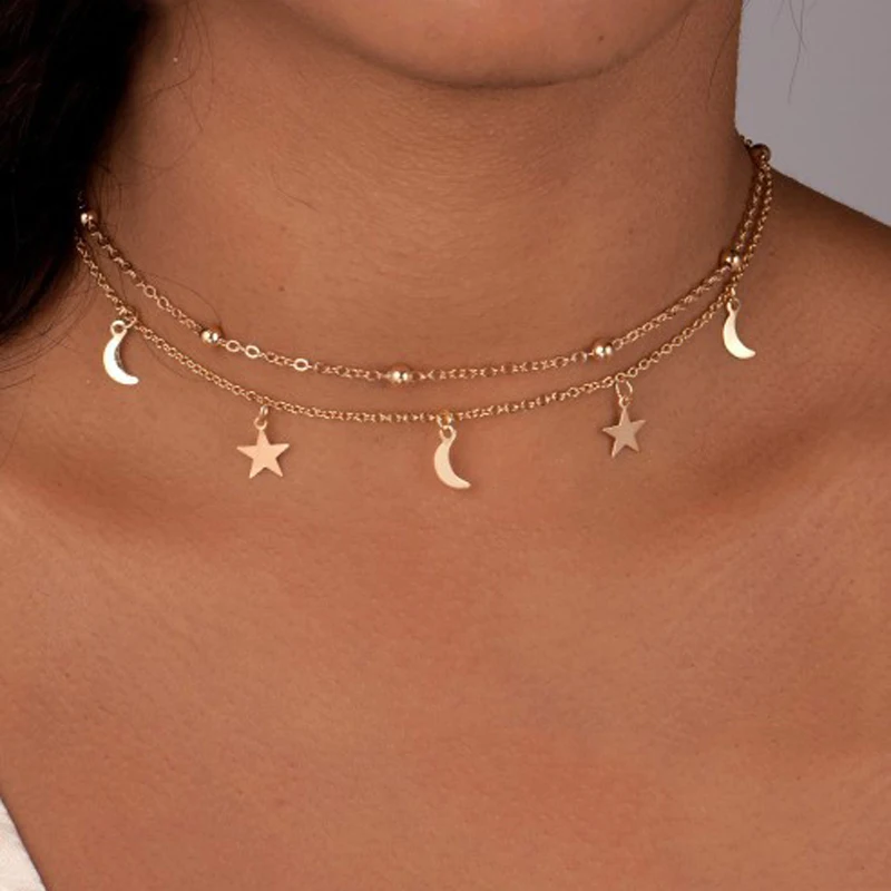 

New Trendy Moon And Star Double Layer Chains Necklace For Women Best Gift Alloy Gold Silver Necklaces Choker Fashion Jewelry
