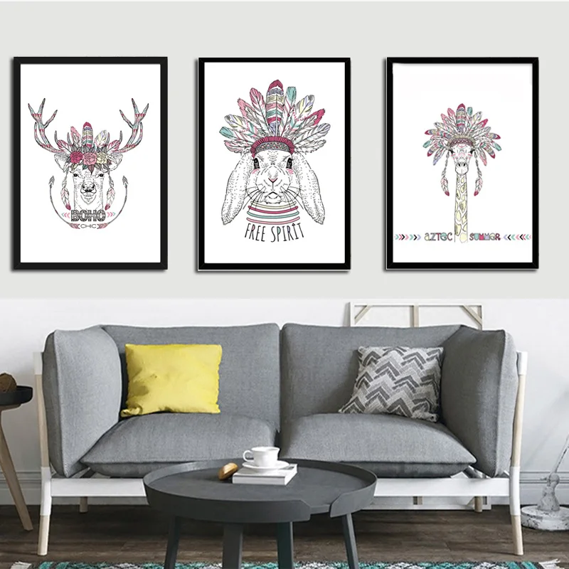 Indian Animals Head Hippie Deer Horse Zebra A4 No Framed Canvas Painting Art Print Poster Wall Pictures For Living Room