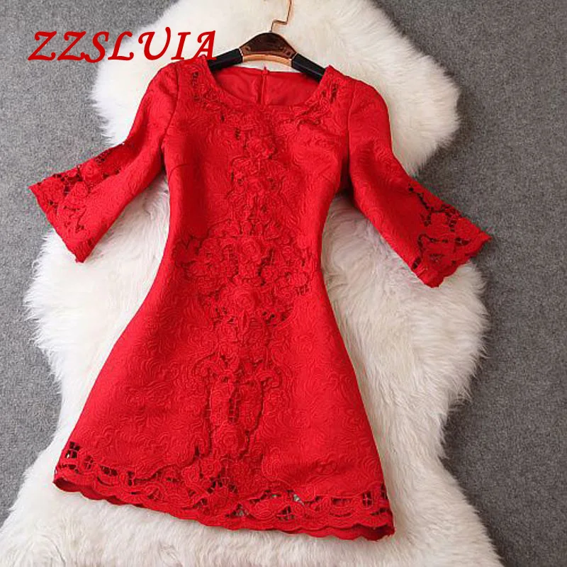 

S-4XL High quality 2018 new nice elegant flare sleeve embroidery hollow out jacquard one piece dress for women plus size T2175