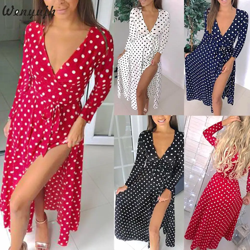 

Wenyujh Summer Women Loose Dress Boho Holiday Polka Dot Maxi V-neck Long Shirt Dress Sexy Short Sleeves Fashion Split Dress