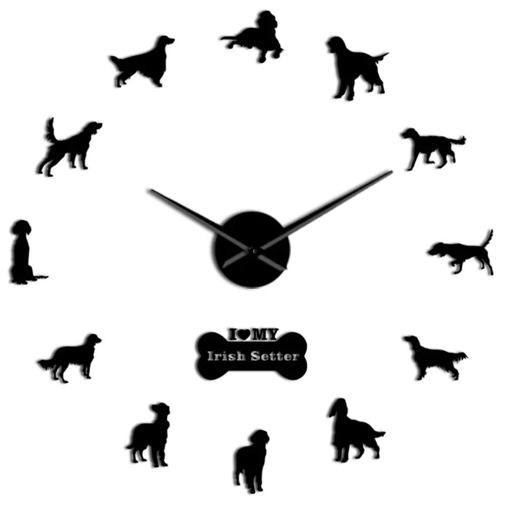 Ирландский сеттер DIY гигантские настенные часы разбойник собака порода бескаркасные настенные художественные часы красный сеттер декоративные большие настенные часы декор для питомцев - Цвет: Black