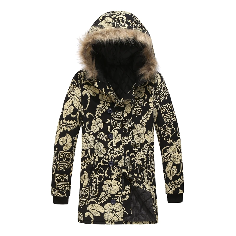 

Vintage Winter Print Button Streetwear Plus Size For Men Casual National Style Warm Overcoat Fur Collar Hooded Parkas
