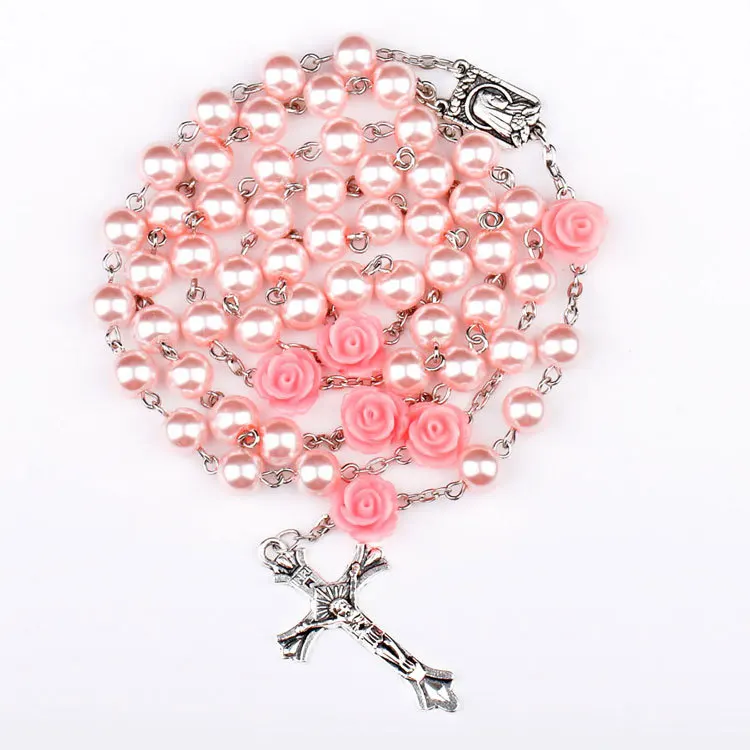 

8mm Pink Glass Imitation Pearl Bead Holy Rosaries Necklace With Rose Flower Silver Cross Lourdes Center Rosary Necklaces