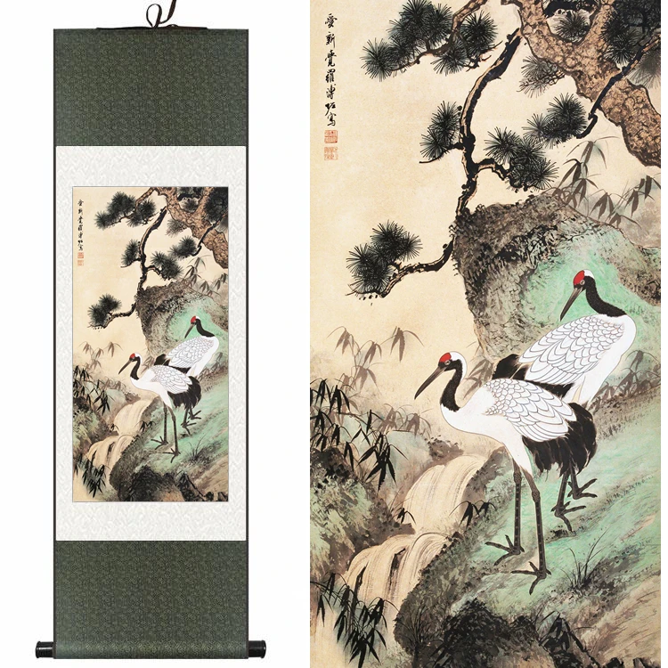 

Traditional Chinese Silk watercolor birds Bamboo Pine Two Hok Crane ink art canvas wall picture damask framed scroll painting