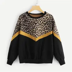 Черный Femme леопардовая панель Drop Shoulder Sweatshirt с длинным рукавом o-образным вырезом пуловер Топы 2018 Модные осенние женские повседневные