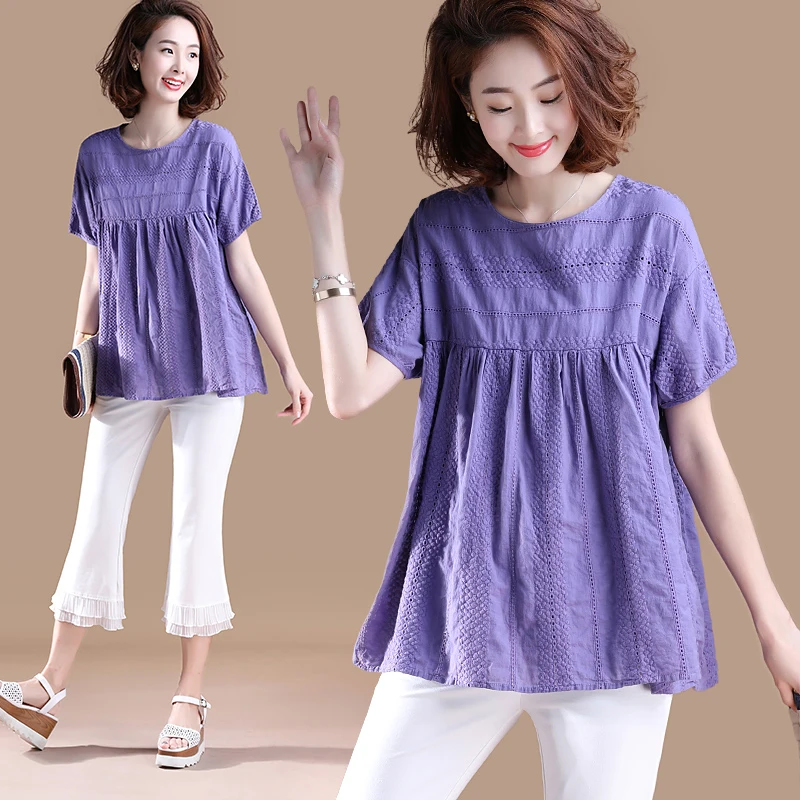 

Purple Plus Size Cotton Linen T-shirt Female Women Short Sleeve Loose Casual Tee Shirt Embroidery Ethnic Vintage Summer Shirt