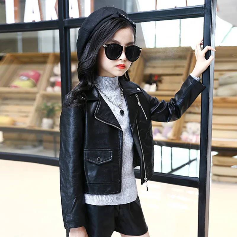 

Kids Girls Leather Jacket 2018 Spring Autumn Girls Short PU Coats Little Big Girls Zipper Coats Clothes Black Motorcycle Jackets