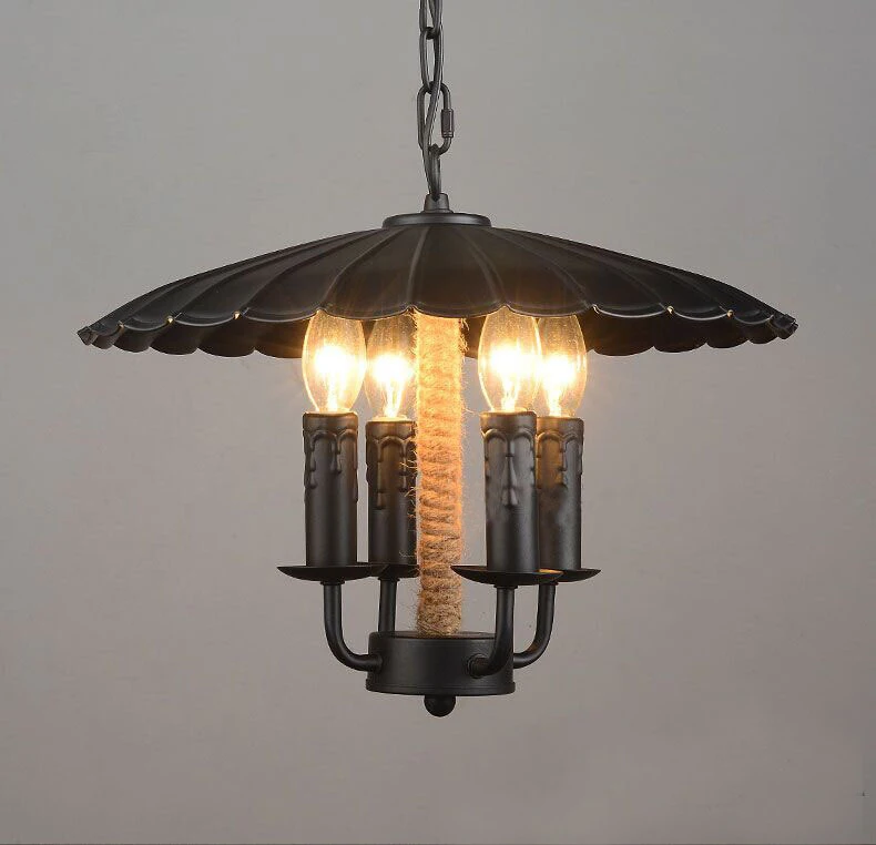 European retro 4 Head Candle pendant light,metal lampshade hemp rope