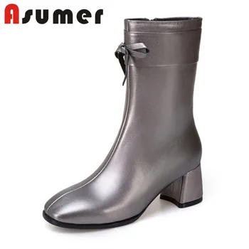 

ASUMER 2020 NEW bowknot fashion ankle boots for women solid unique winter boots square toe thick heels genuine leather boots