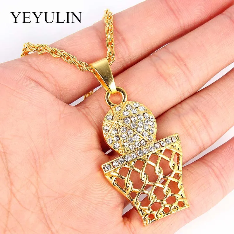 

Hip Hop Alloy Gold Color Rhinestone Basketball and Net Pendant Necklace Long Sweater Dunk No.23 Sport Necklace Christmas Gift