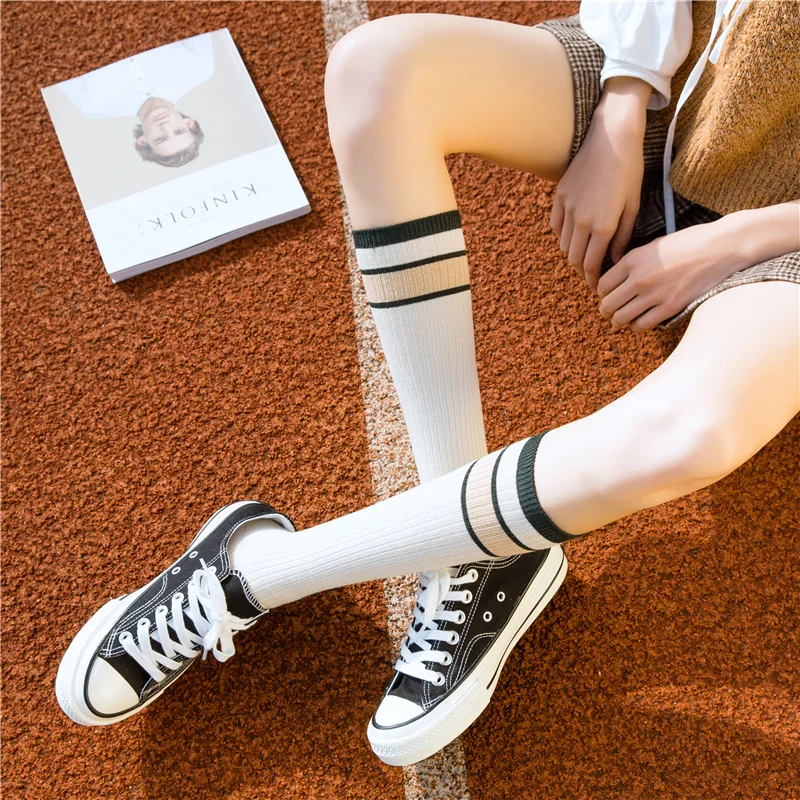 Preppy Under Knee Socks Cotton Ribbed Contrast Bands Japanese Kawaii
