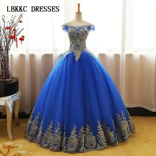 Quinceanera платье синего цвета тюль с золотой аппликацией кружевные 16 платьев
