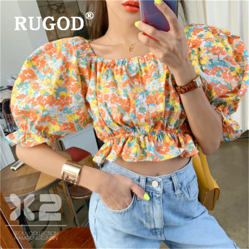 

RUGOD Vintage floral printed women blouse Korean chic off sholder puff sleeve ladies shirts 2019 summer tops and blouse female