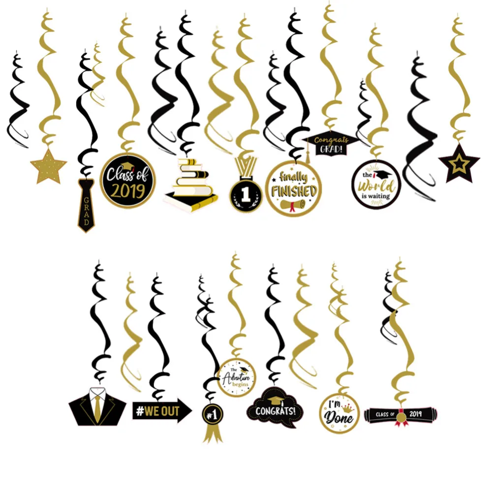 Pack Of 30 Black Gold 2019 Graduation Party Supplies Hanging Foil
