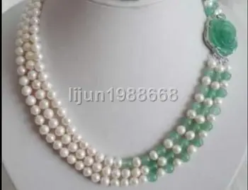 

New White freshwater Cultured Pearl Natural green jadeite Necklace Free shipping