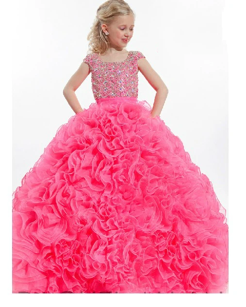 

Luxury Bling Bling Crystals 2017 Ball Gown Girls Long Pageant Dress Square Neck Sleeveless Flower Girl Dress CUSTOM MADE