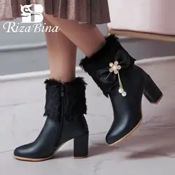 RizaBina/Размеры 33-52, пикантные офисные женские ботинки на высоком каблуке, теплая обувь на меху с бантом и цветочным принтом на молнии, женские
