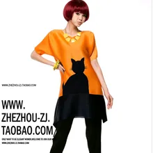 Miyake раза мода мультфильм о-образным вырезом с коротким рукавом длинная футболка