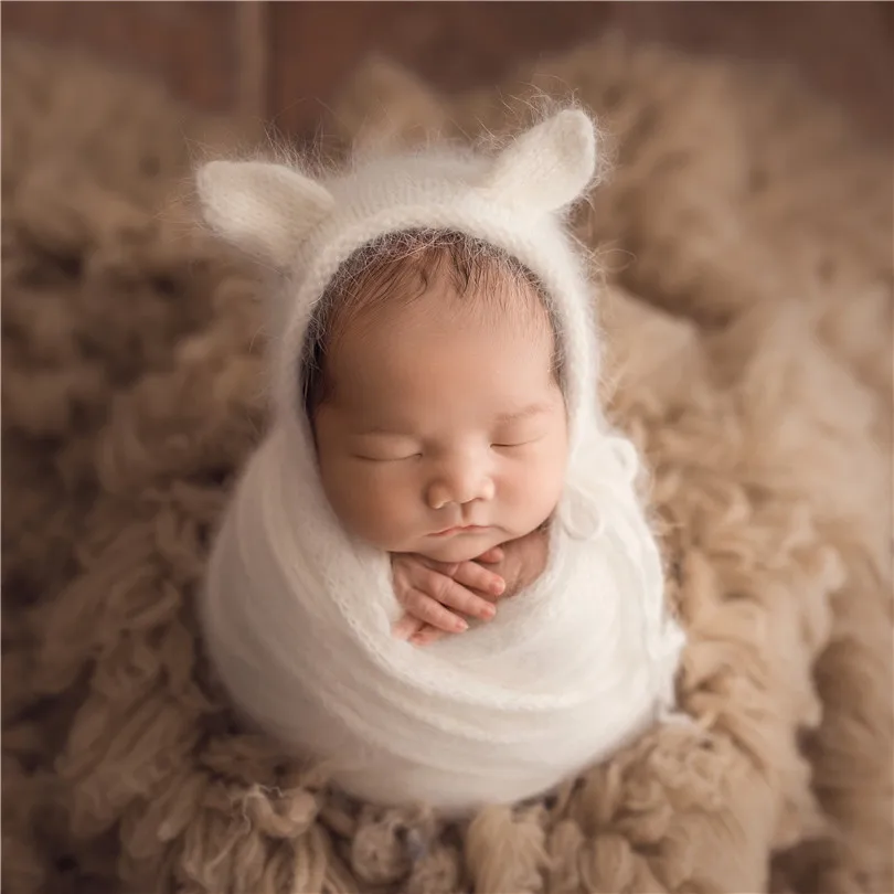

Fluffy Alpaca Angora stretch Wrap Bonnet Outfit Photography Shoot Teddy Bear Bonnet and Jersey Wrap Layer Photo Props