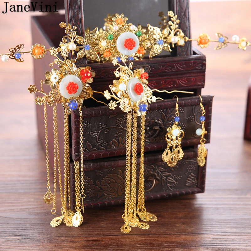 

JaneVini Vintage Chinese Style Bridal Headdress Costume Gold Butterfly Hairpin Wedding Crown with Earring Women Hair Accessories