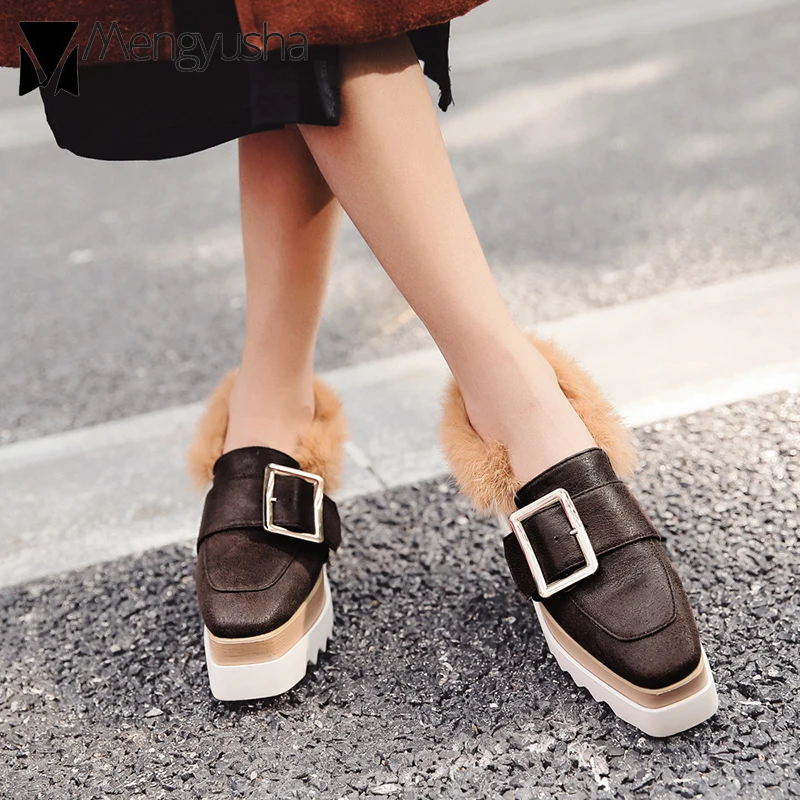 preppy style buckle thick bottom shoes woman rabbit fur brogue shoes winter flock platform shoes woman real fur flat espadrilles