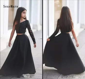 

Elegant Black Two Piece Girls Pageant Dresses 2018 New Long Sleeve A Line Long Children Flower Girl Dress for Wedding