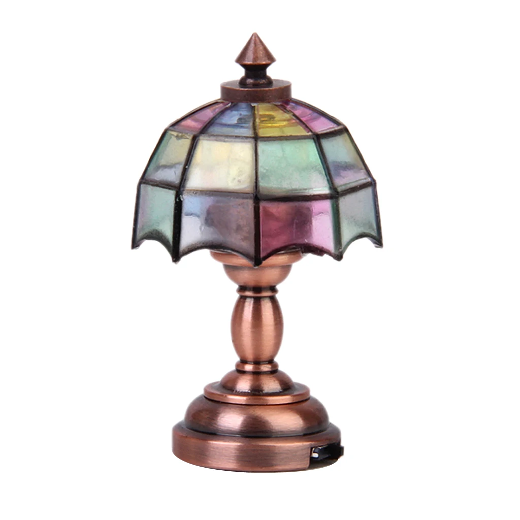 1:12 Масштаб Кукольный домик Миниатюрный бронзовый металлический светодиодный настольный светильник Модель с разноцветный зонтик абажур аксессуары для кукольного дома