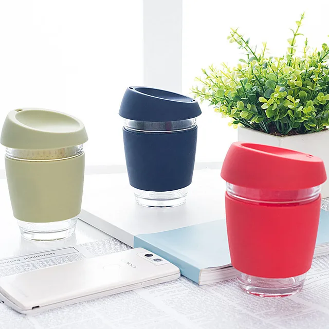 Cheap 340ml Keep-cup style Brande design coffee Glass mug with lid creative coffee mug Anti-hot portable water cups