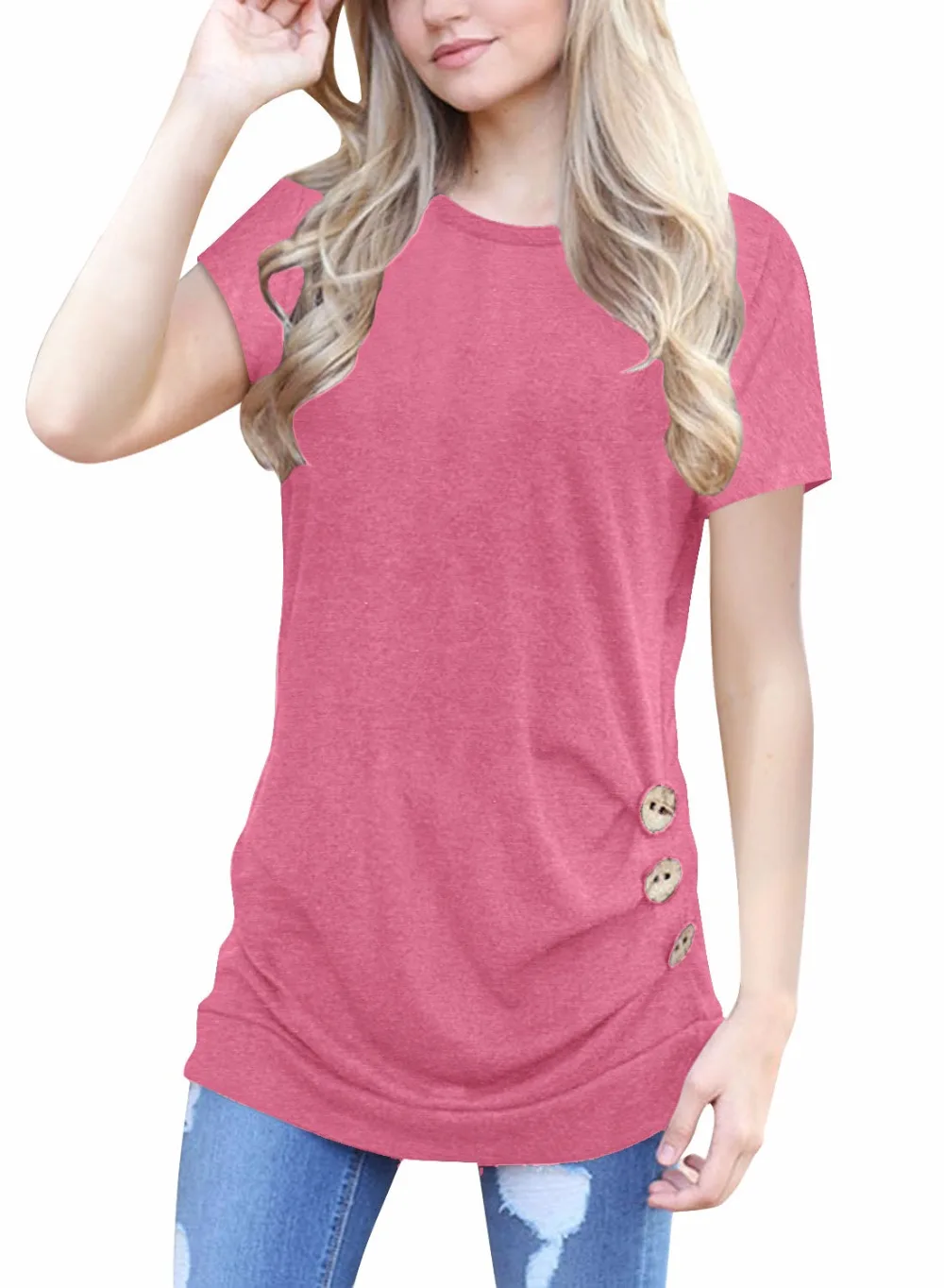 Весна Лето модная повседневная женская футболка с круглым вырезом с коротким рукавом с пуговицами длинная рубашка большие размеры женская одежда женские топы