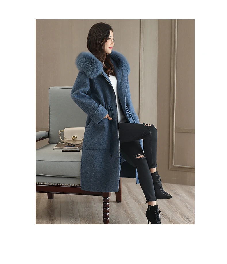 Winter Women Woolen Coat Outerwear Female Medium-long Hooded Trench Big Fur Collar Casual Casaco Feminino Female Jacket