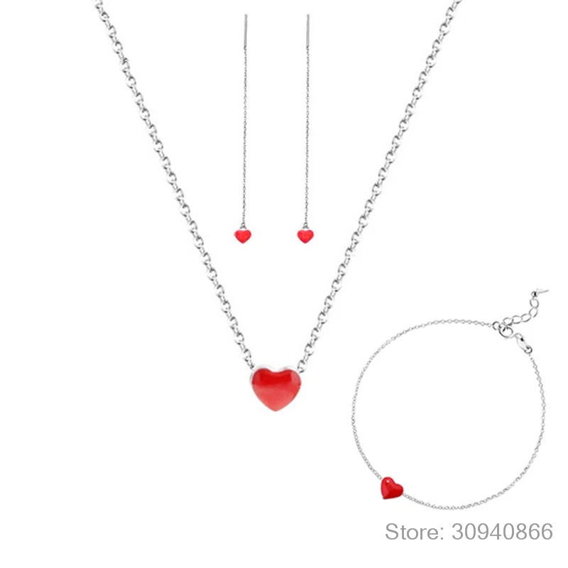 Классические 925 пробы серебряные Ювелирные наборы ожерелье Красное сердце+ серьги+ браслет Bijoux для женщин подарок на день Святого Валентина